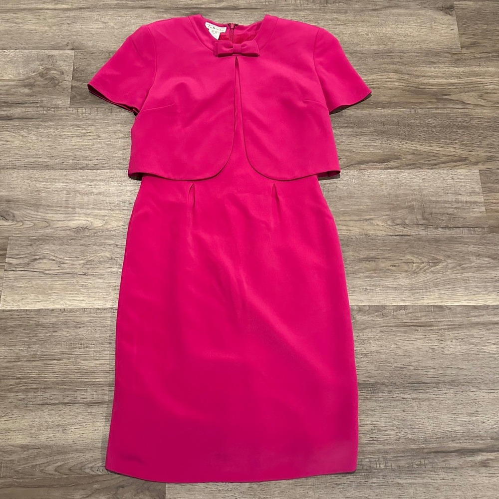 Talbots Vintage 100% Silk Fuchsia Pink Layered Sheath Dress Sz 4 Faux Jacket Bow